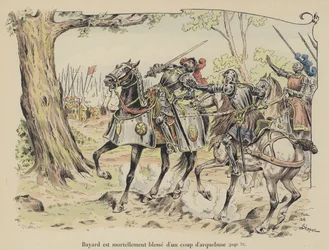 De Chevalier de Bayard dodelijk gewond door een haakbuskogel in de Slag bij de Sesia, Italië, 1524